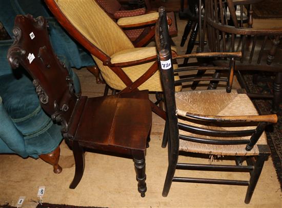 Victorian mahogany hall chair and a Morris type rush seated elbow chair